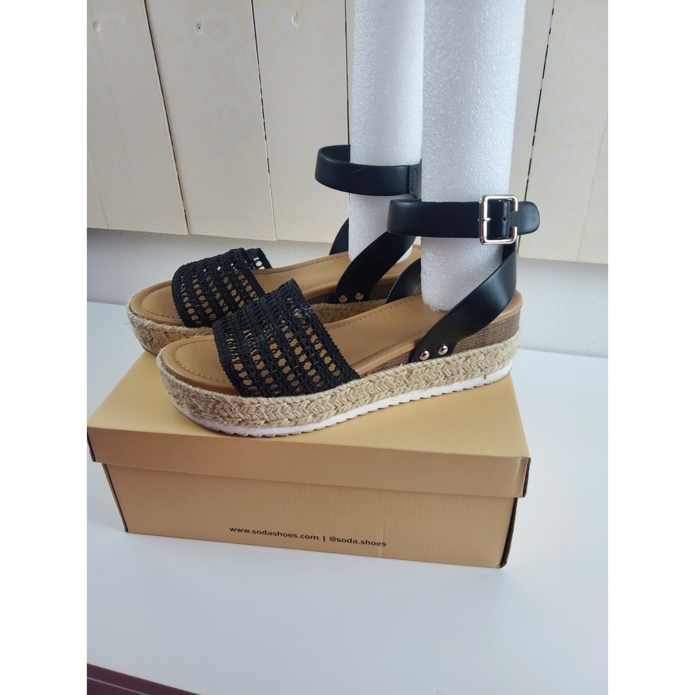 Soda Hoyden-S Black Crochet Espadrille Platform Sandals Ankle Strap Womens 9